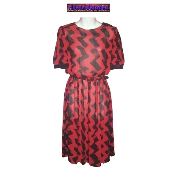 Vintage 70's Contempo Of California Graffiti Dress Red W Belt Sheer Retro VTG - Picture 1 of 11